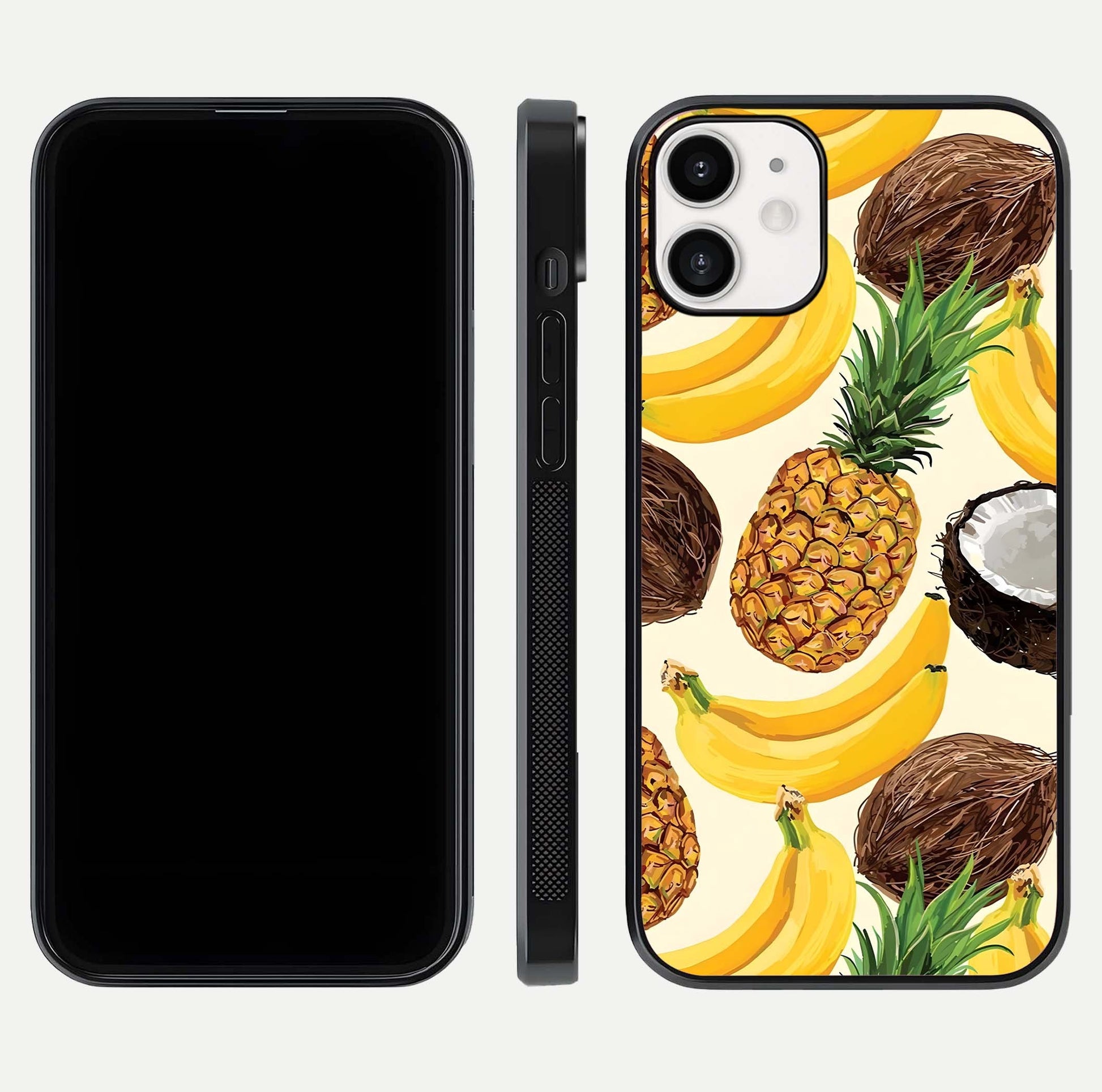 Tropical Fruit Mood Glass Case for iPhone 12 Mini front & back layout showing playful tones and clean edge