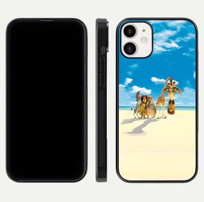 Tropical Fun Squad Glass Case for iPhone 12 Mini front & back layout showing fun pattern and smooth edges