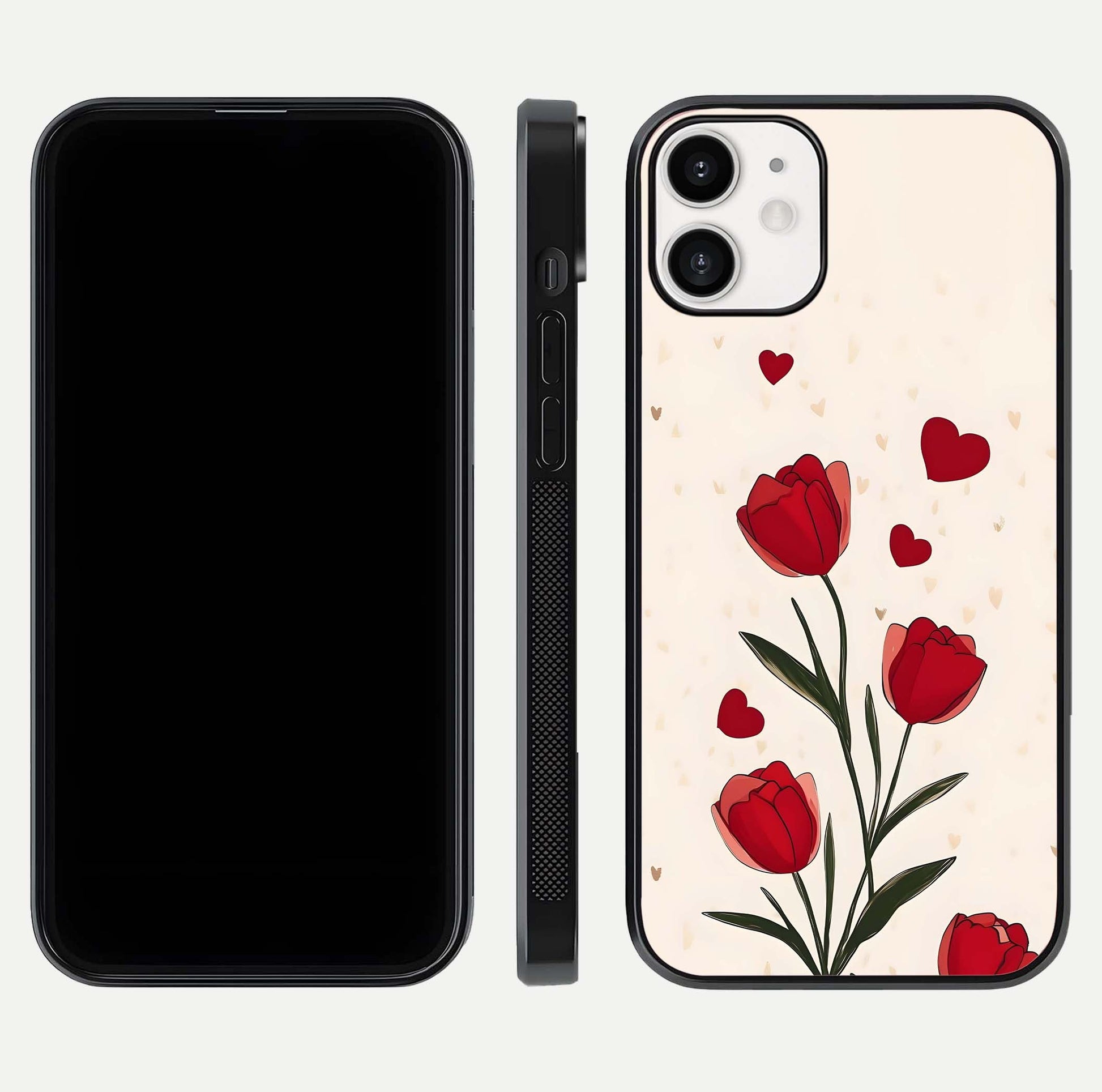 Tulip With Heart Glass Case for iPhone 12 Mini front & back layout showing heart motif and elegant gloss finish