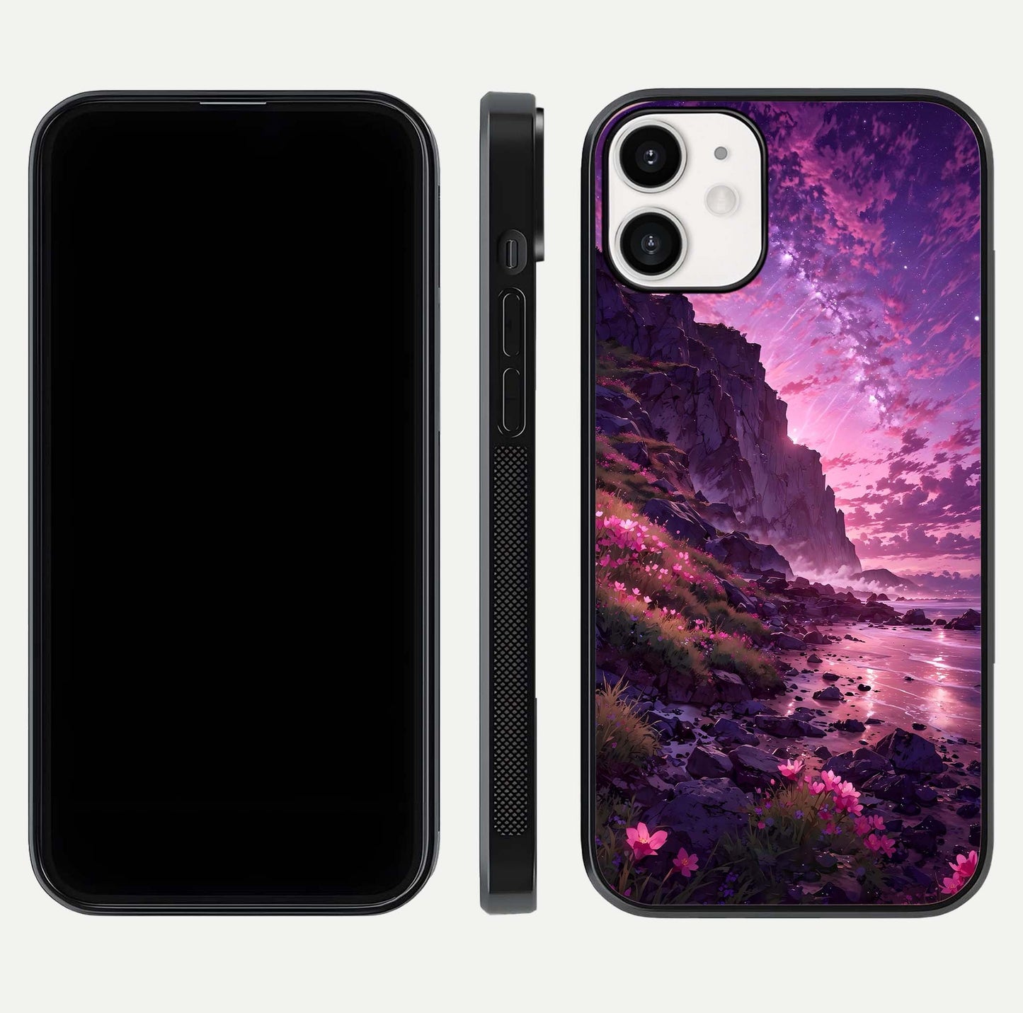 Twilight Blossom Coast Glass Case for iPhone 12 Mini front & back layout showing floral tones and curved edge