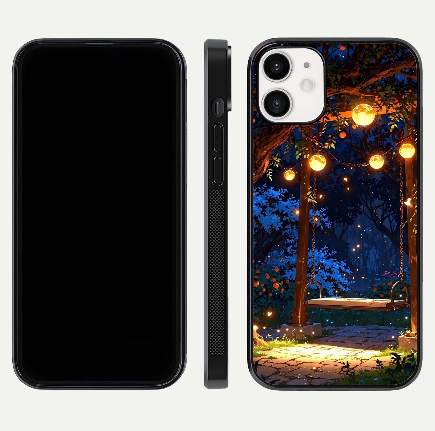 Twilight Garden Swing Glass Case for iPhone 12 Mini front & back layout showing garden art and clean edge
