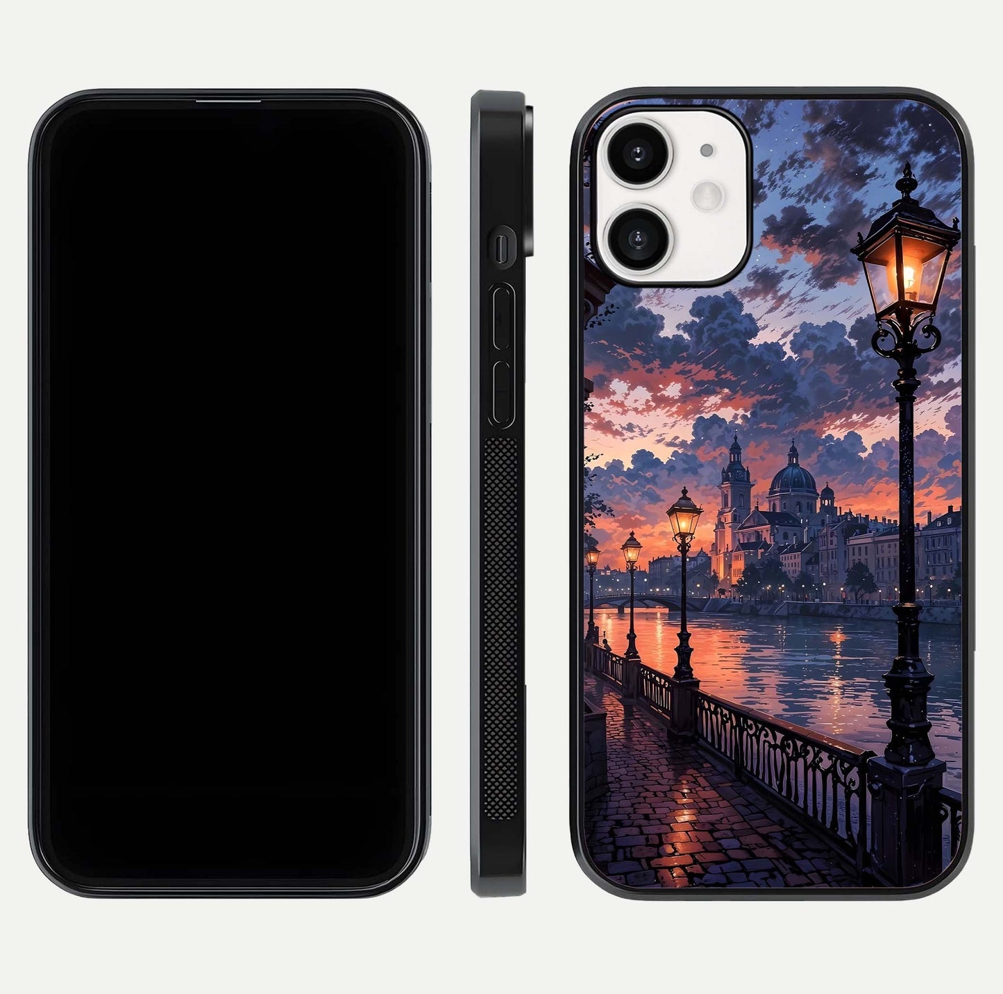 Twilight River Lights Glass Case for iPhone 12 Mini front & back layout showing scenic artwork and smooth curved edges