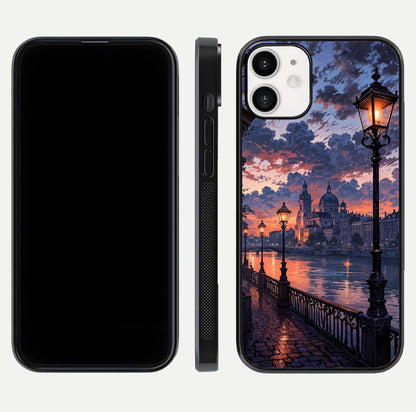 Twilight River Lights Glass Case for iPhone 12 Mini front & back layout showing scenic artwork and smooth curved edges