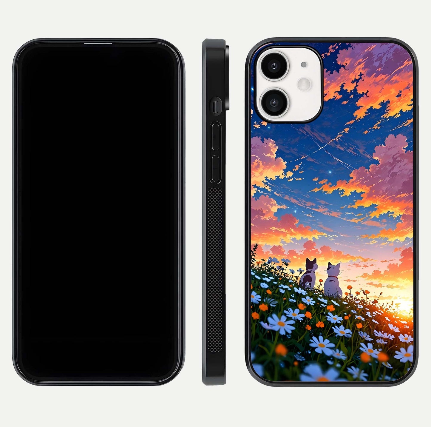 Two Cats Friends Glass Case for iPhone 12 Mini front & back layout showing friendly cat theme and edge design