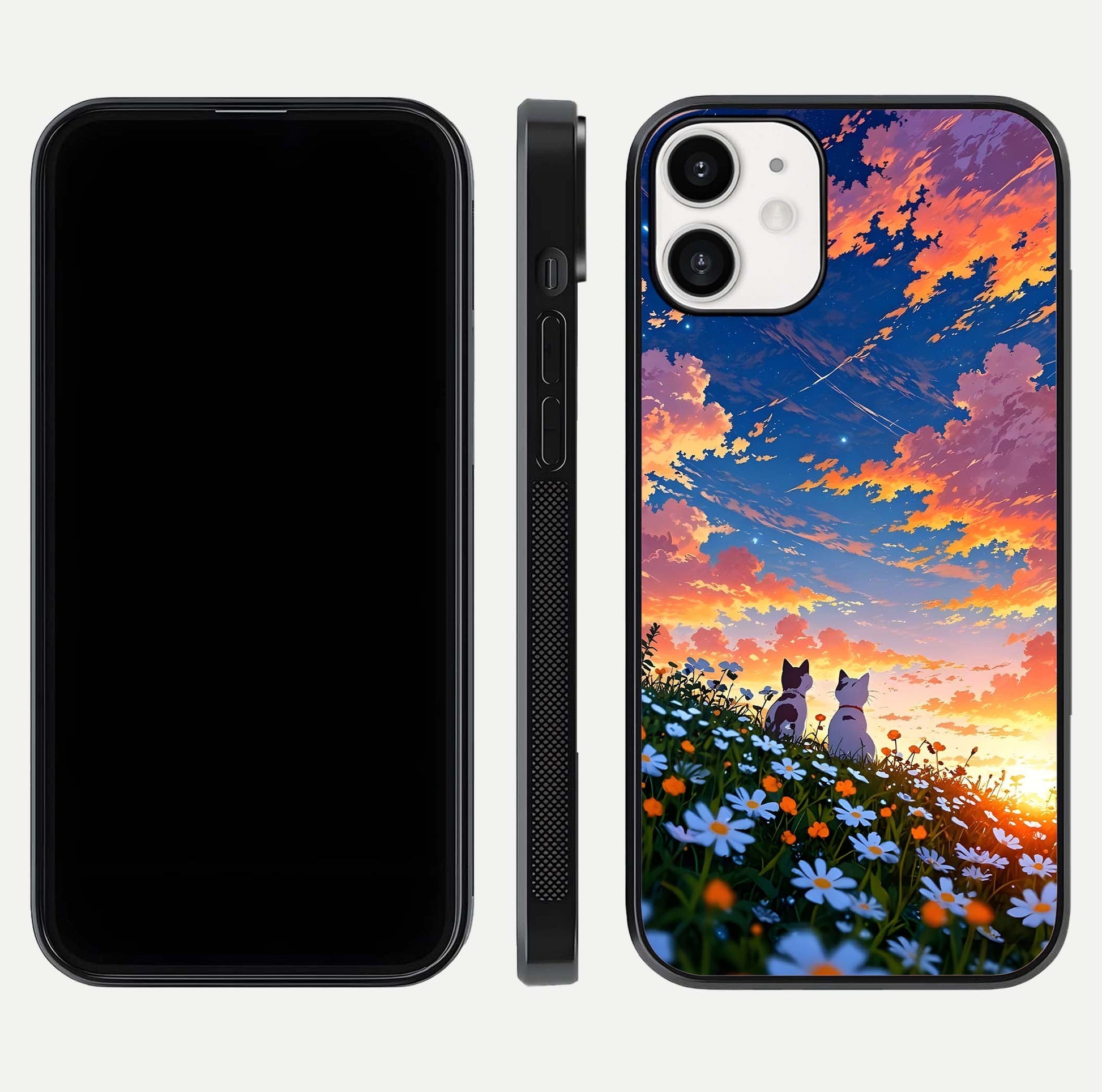 Two Cats Friends Glass Case for iPhone 12 Mini front & back layout showing friendly cat theme and edge design