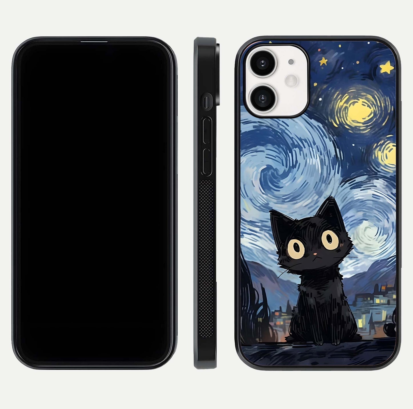 Van Gogh Cat Glass Case for iPhone 12 Mini front & back layout showing detailed art print and curved glass edges
