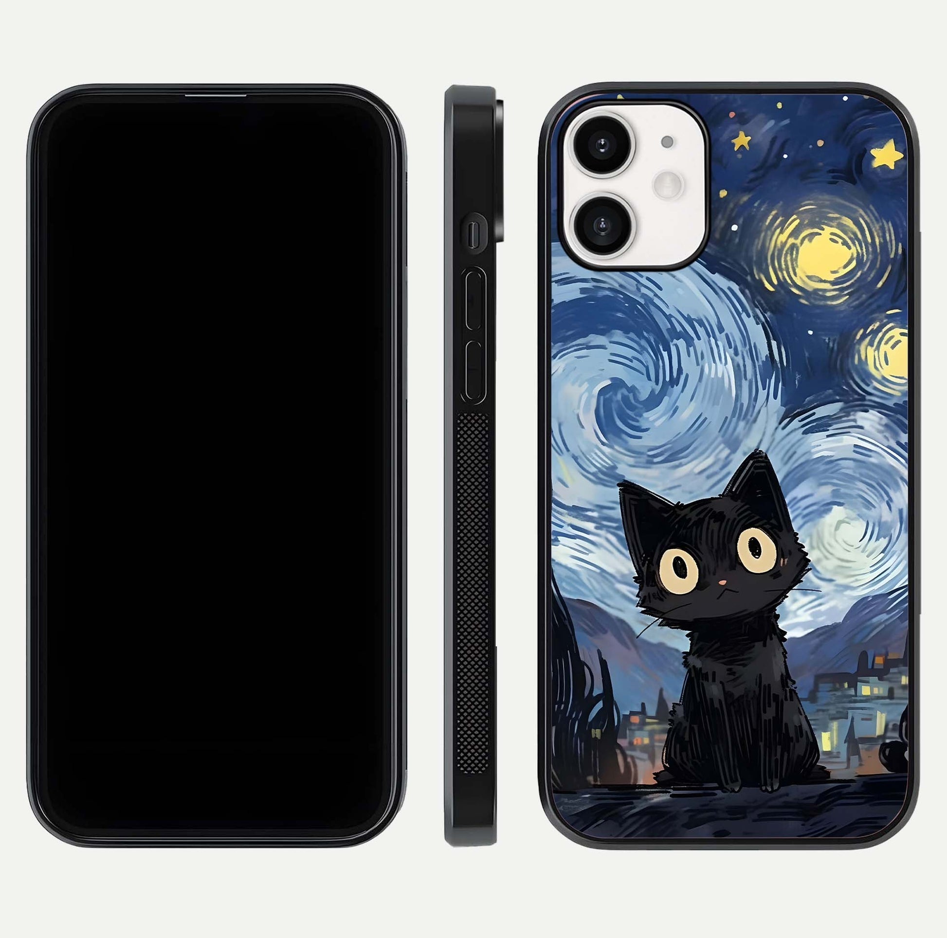 Van Gogh Cat Glass Case for iPhone 12 Mini front & back layout showing detailed art print and curved glass edges