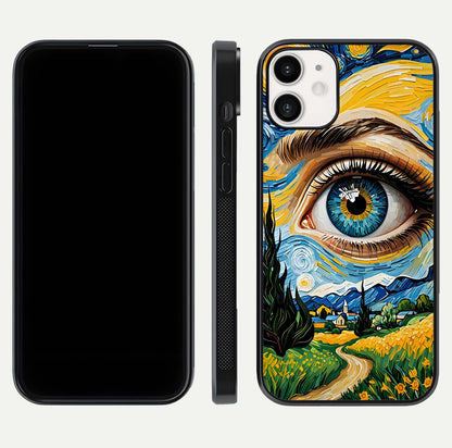 Van Gogh Eye Glass Case for iPhone 12 Mini front & back layout showing brushstroke detail and smooth finish