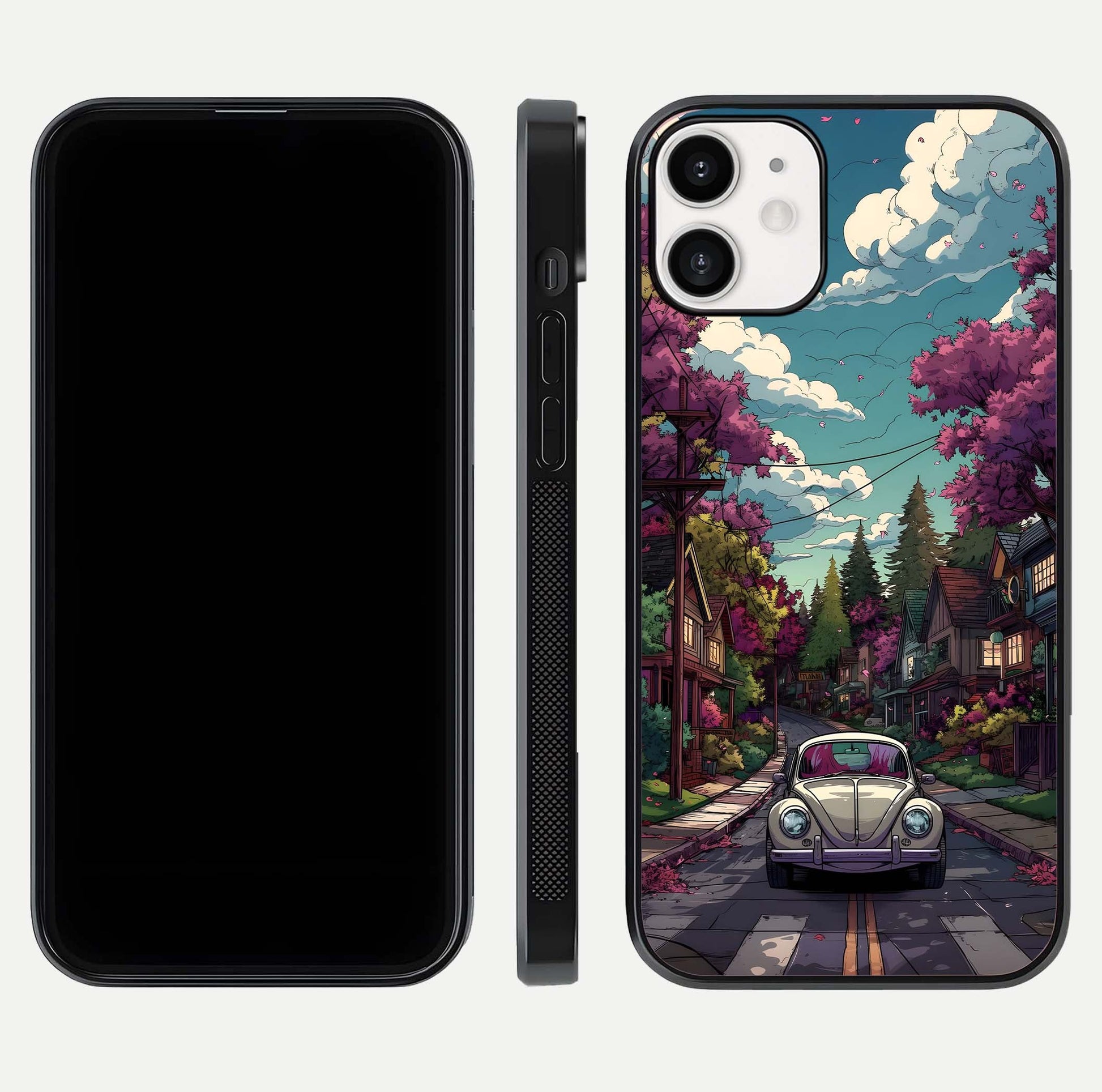 Vintage Street Drive Glass Case for iPhone 12 Mini front & back layout showing retro street scene and edges