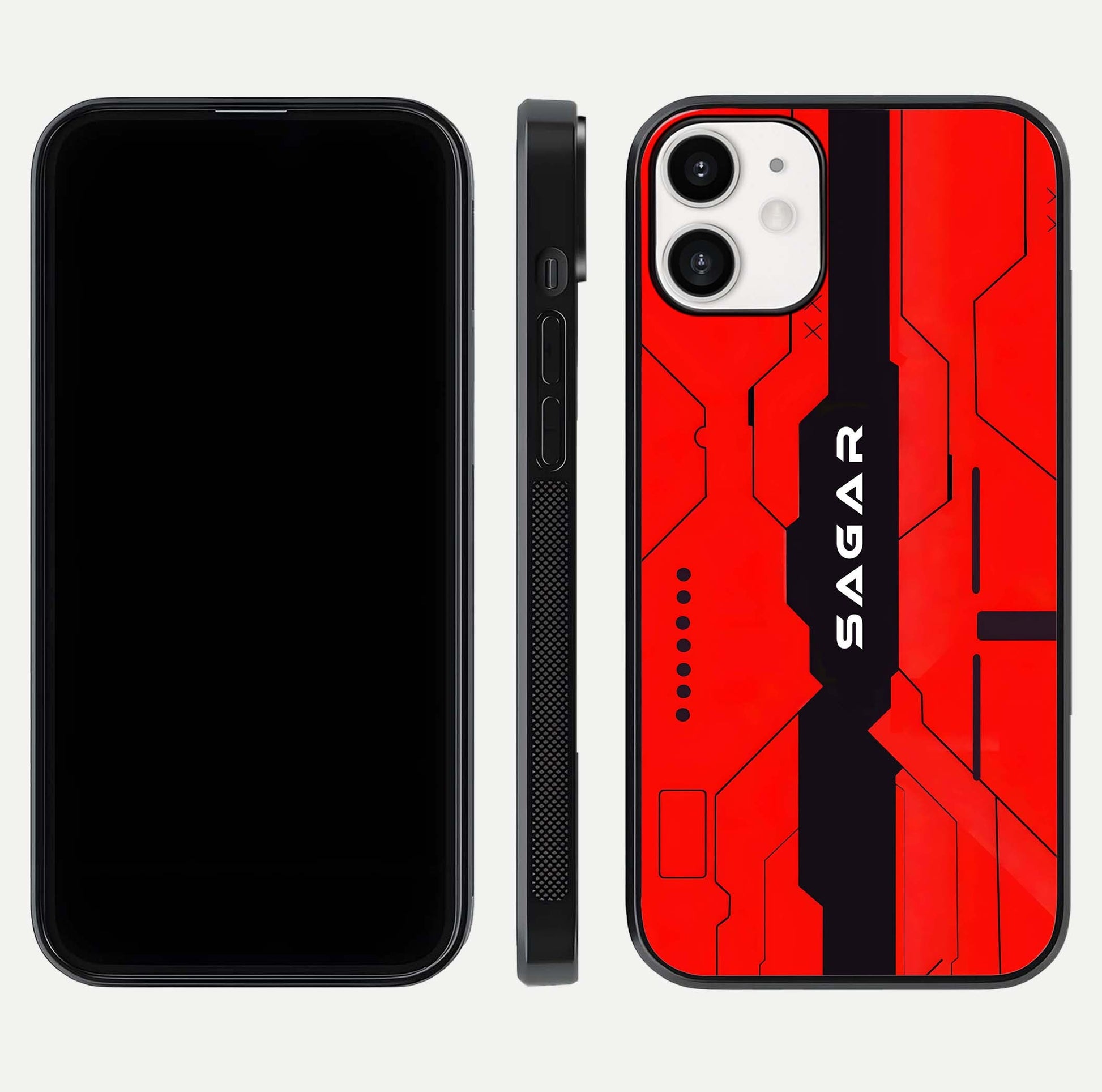 Voltage Rise CYBERPUNK Custom Name Glass Case for iPhone 12 Mini front & back layout showing futuristic tones and sleek edge
