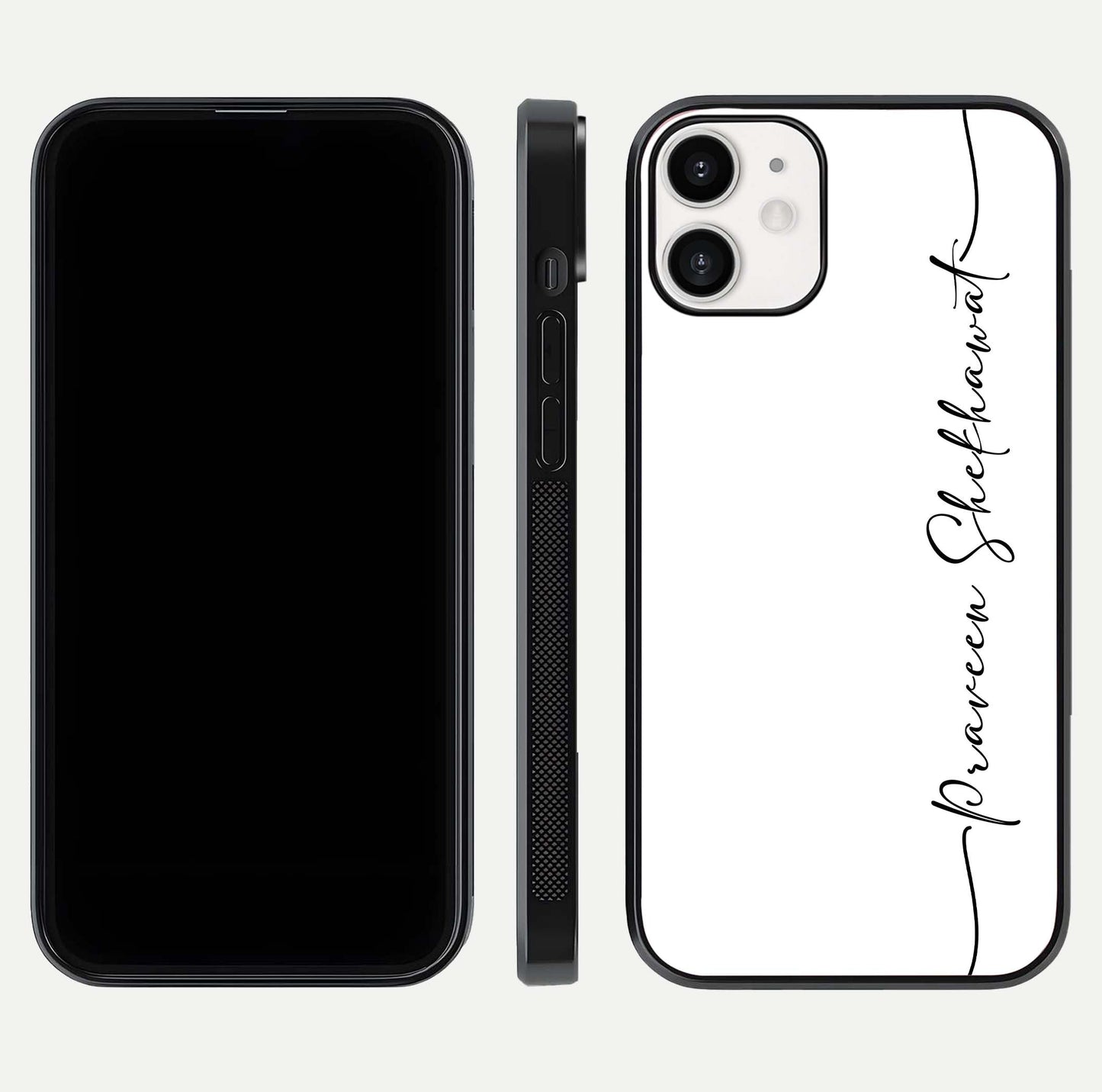 White Tune Custom Name Glass Case for iPhone 12 Mini front & back layout showing clean design and text placement