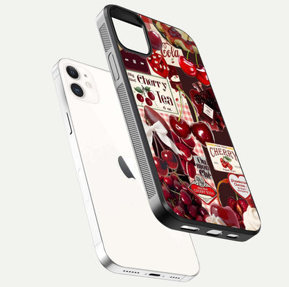 Aesthetic Cherry Tea Glass Case for iPhone 12 Mini floating dual-view mockup showing edge design and detailed cherry pattern gloss texture
