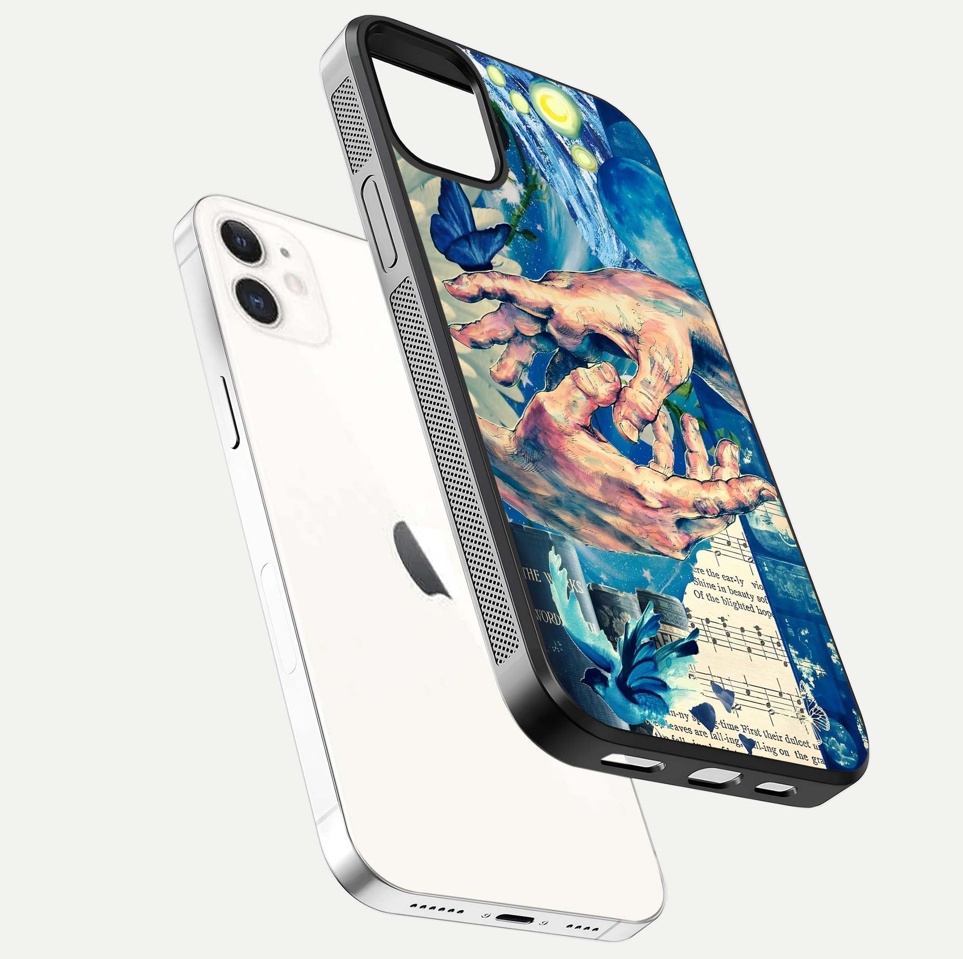 Aesthetic Divider Glass Case for iPhone 12 Mini floating dual-view mockup showing edge design and detailed divider gloss texture