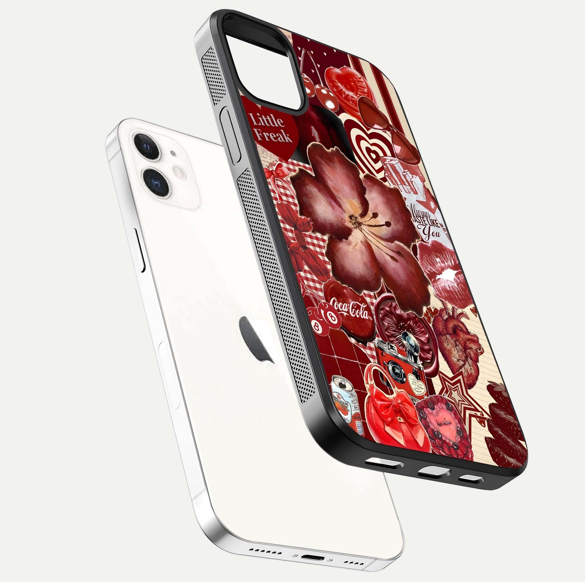 Aesthetic Little Freak Glass Case for iPhone 12 Mini floating dual-view mockup showing edge design and detailed collage gloss texture