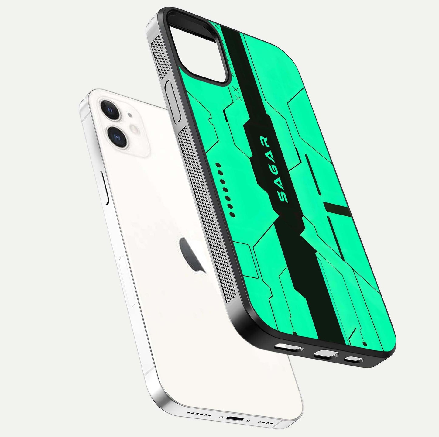 Aqua Tech CYBERPUNK Custom Name Glass Case for iPhone 12 Mini floating mockup highlighting name customization area