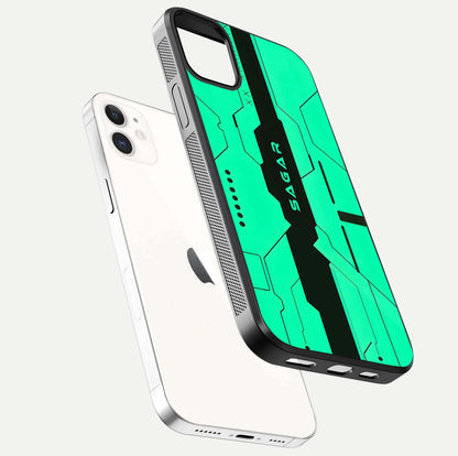 Aqua Tech CYBERPUNK Custom Name Glass Case for iPhone 12 Mini floating mockup highlighting name customization area