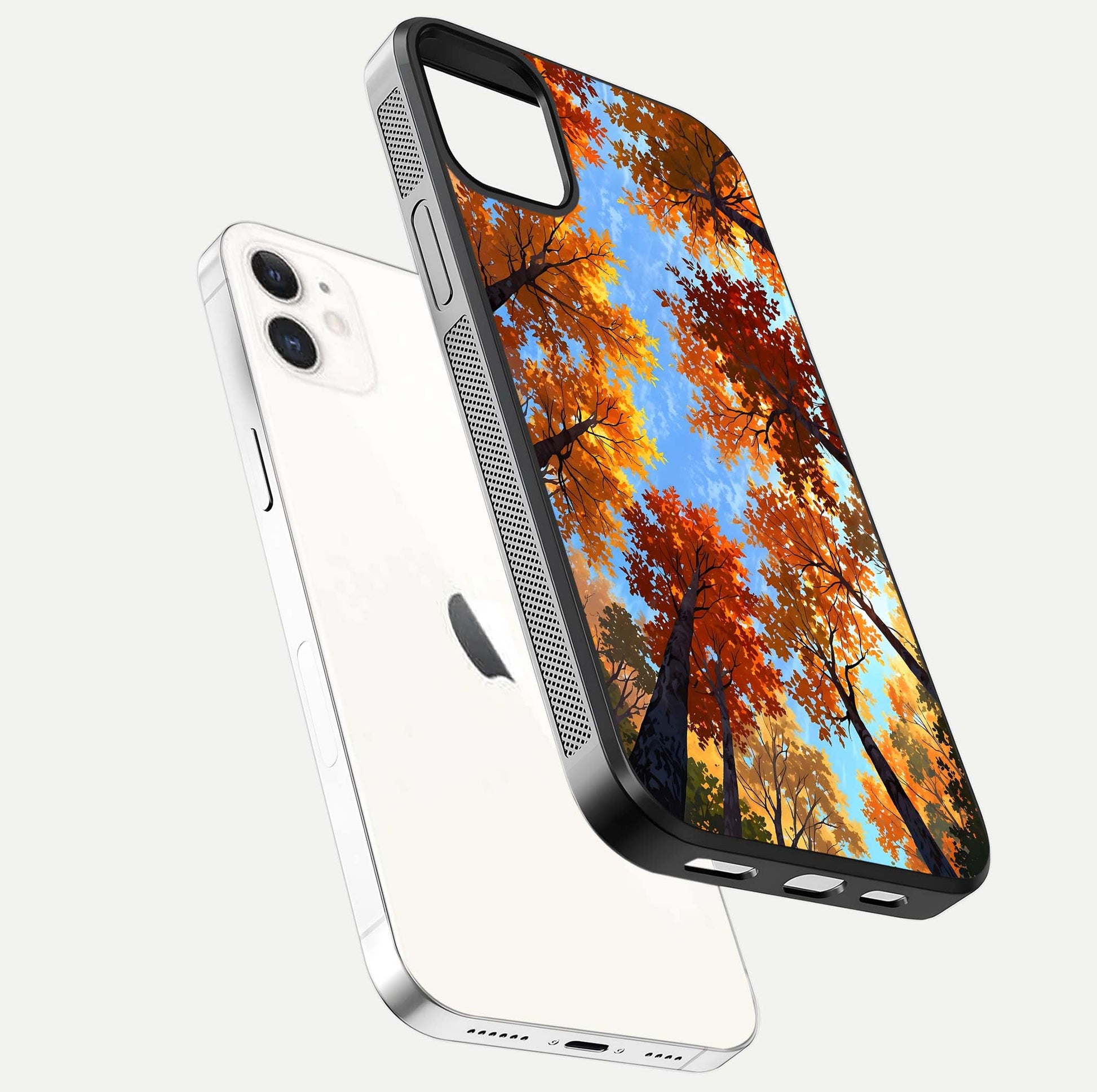 Autumn Sky Rise Glass Case for iPhone 12 Mini floating dual-view mockup with sky horizon and glossy highlights
