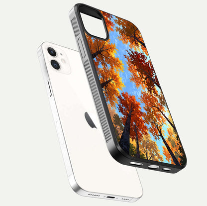 Autumn Sky Rise Glass Case for iPhone 12 Mini floating dual-view mockup with sky horizon and glossy highlights