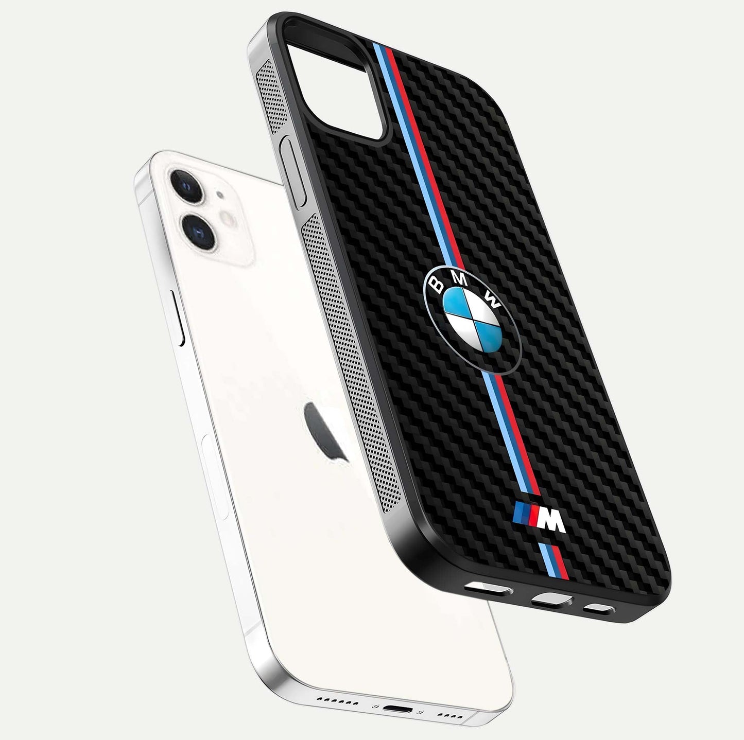 BMW Pattern Glass Case for iPhone 12 Mini floating mockup highlighting clean lines and metallic accent reflection