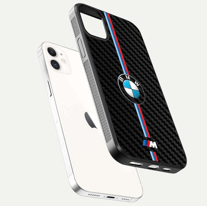 BMW Pattern Glass Case for iPhone 12 Mini floating mockup highlighting clean lines and metallic accent reflection