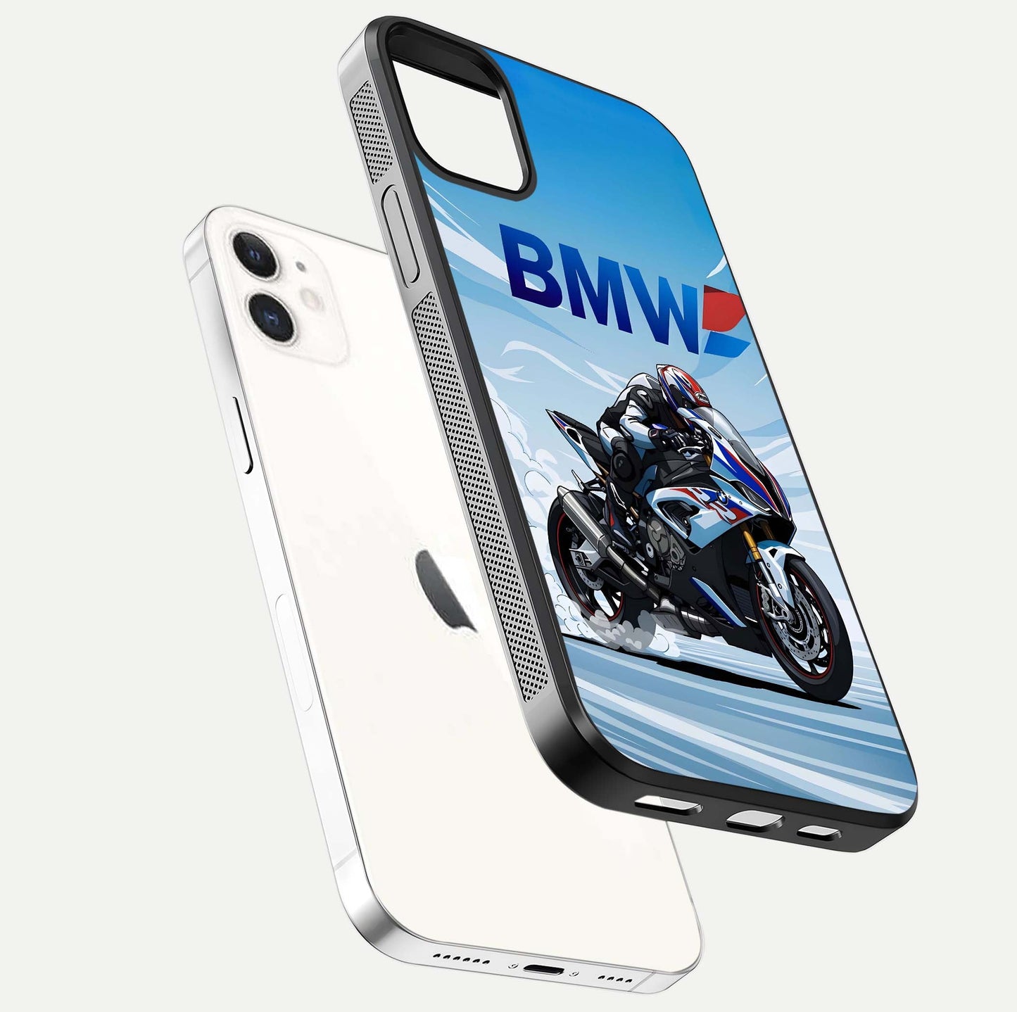BMW Power Drift Glass Case for iPhone 12 Mini floating mockup displaying bold drift artwork and glossy polish