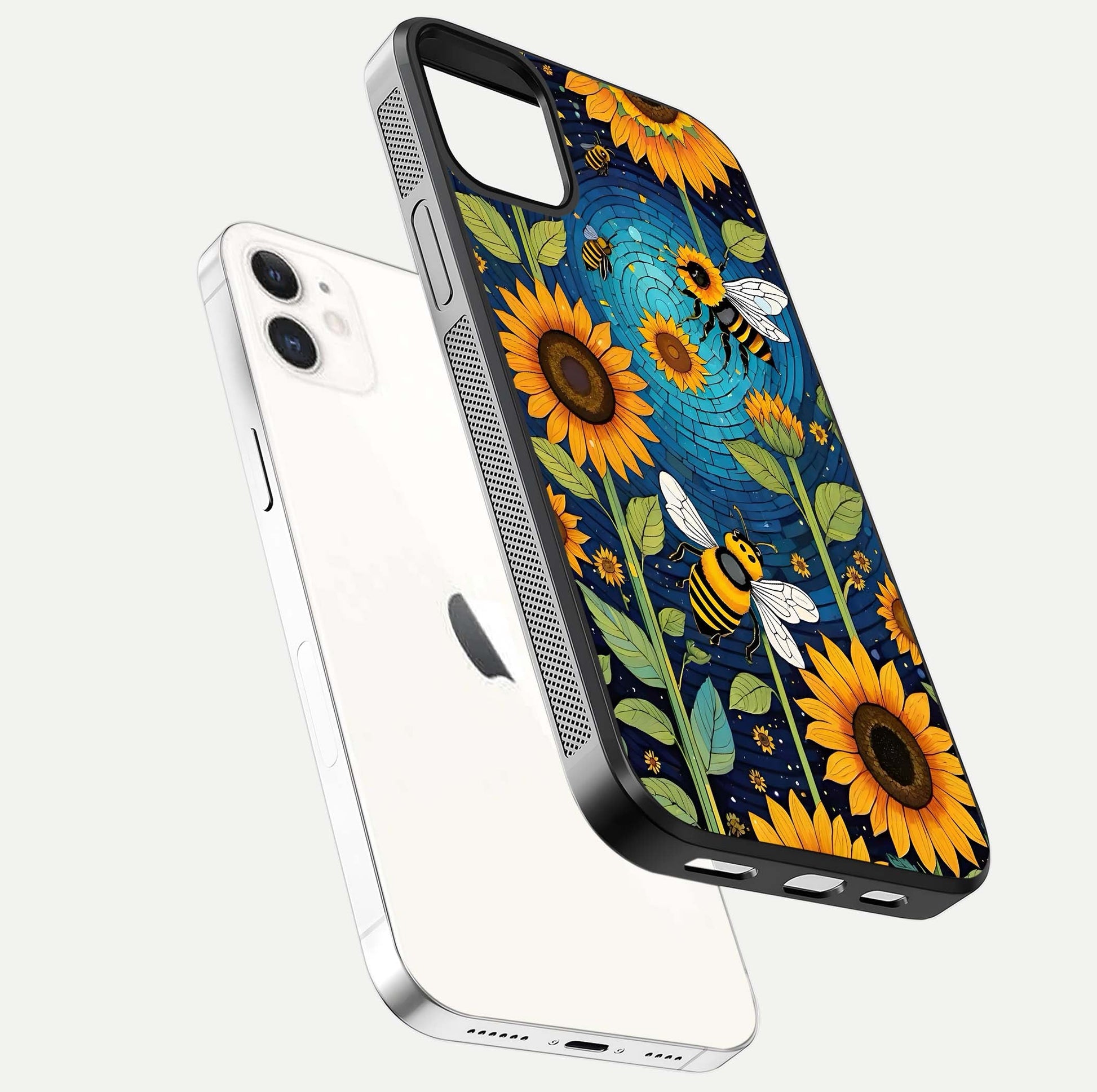 Bees & Sunflowers Glass Case for iPhone 12 Mini floating dual-view mockup displaying vibrant yellow tones and gloss texture