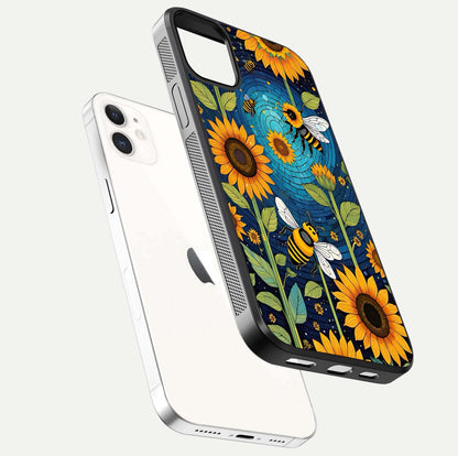Bees & Sunflowers Glass Case for iPhone 12 Mini floating dual-view mockup displaying vibrant yellow tones and gloss texture