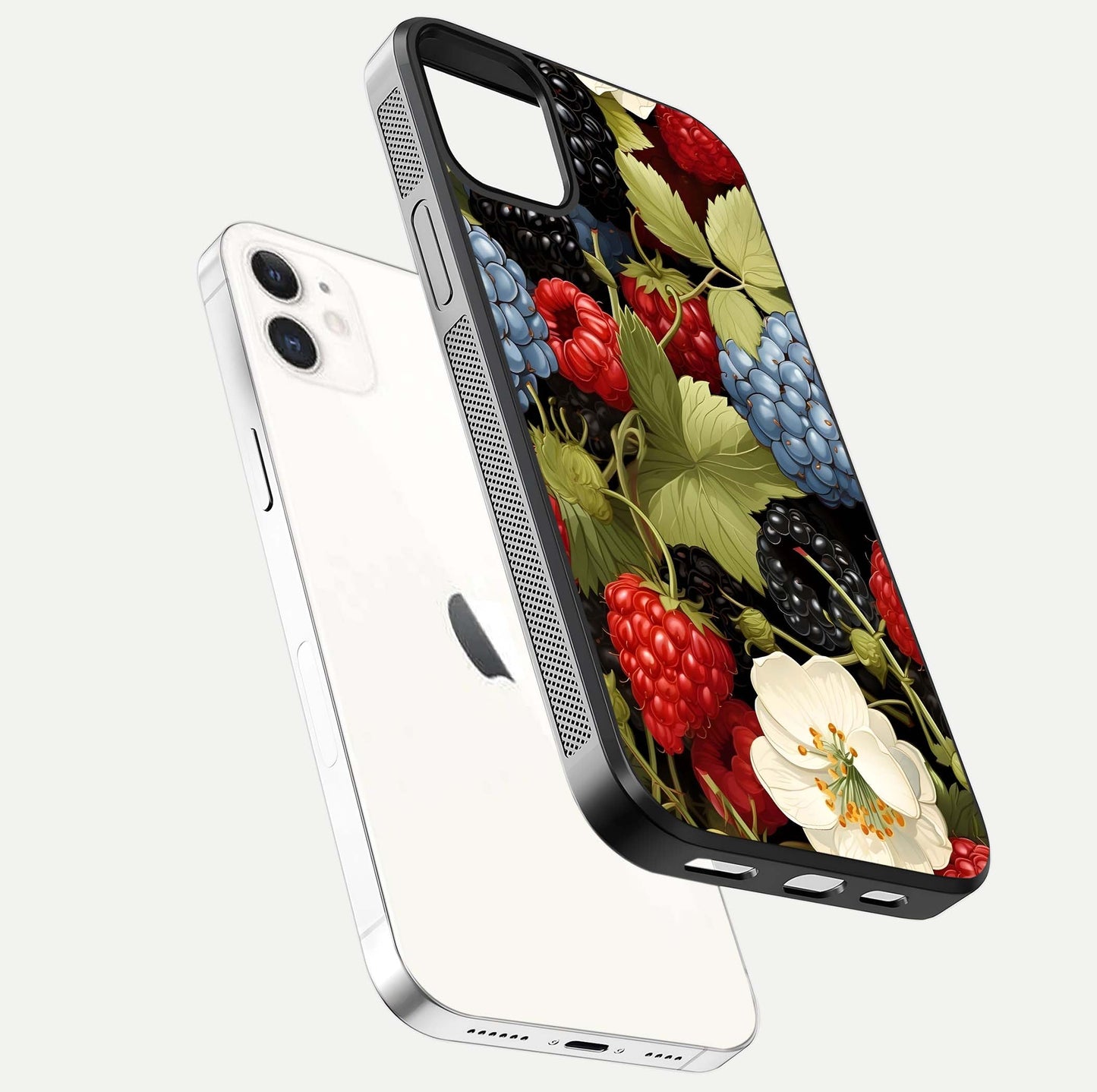 Berry Bloom Charm Glass Case for iPhone 12 Mini floating mockup capturing glossy reflection and curved-edge finish