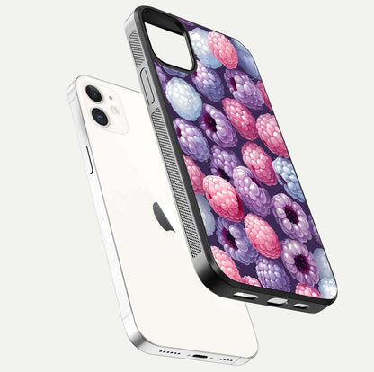 Berry Candy Pop Glass Case for iPhone 12 Mini floating dual-view mockup highlighting gloss shine and curved edges