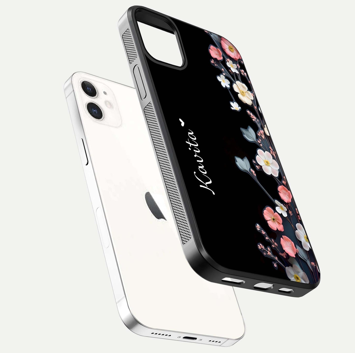Black Elegance Floral Custom Name Glass Case for iPhone 12 Mini floating mockup emphasizing premium shine and floral art
