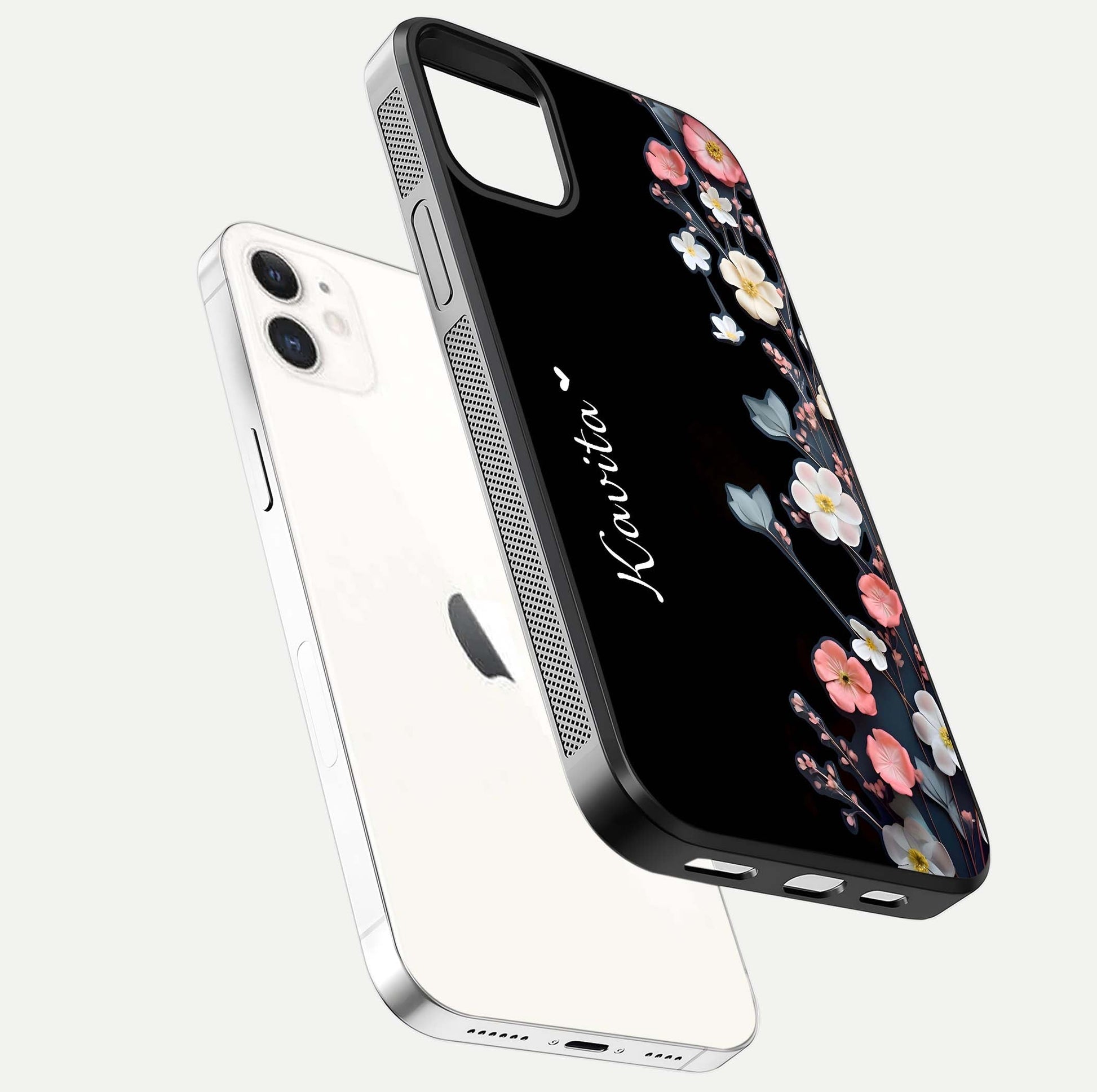 Black Elegance Floral Custom Name Glass Case for iPhone 12 Mini floating mockup emphasizing premium shine and floral art