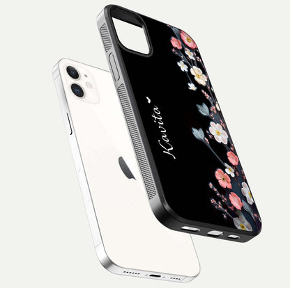 Black Elegance Floral Custom Name Glass Case for iPhone 12 Mini floating mockup emphasizing premium shine and floral art