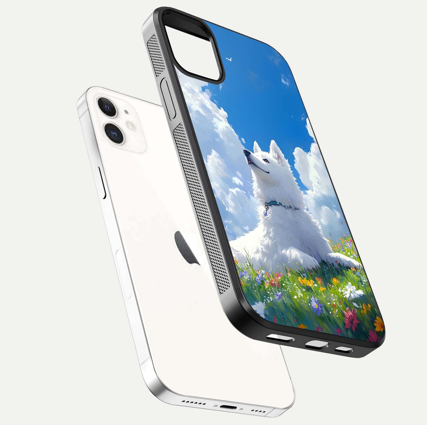 Blissful Cloud Pup Glass Case for iPhone 12 Mini floating mockup capturing playful aesthetic and gloss finish