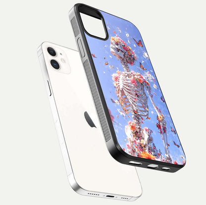 Bloom Beyond Bones Glass Case for iPhone 12 Mini floating mockup displaying shine, texture, and gloss detail
