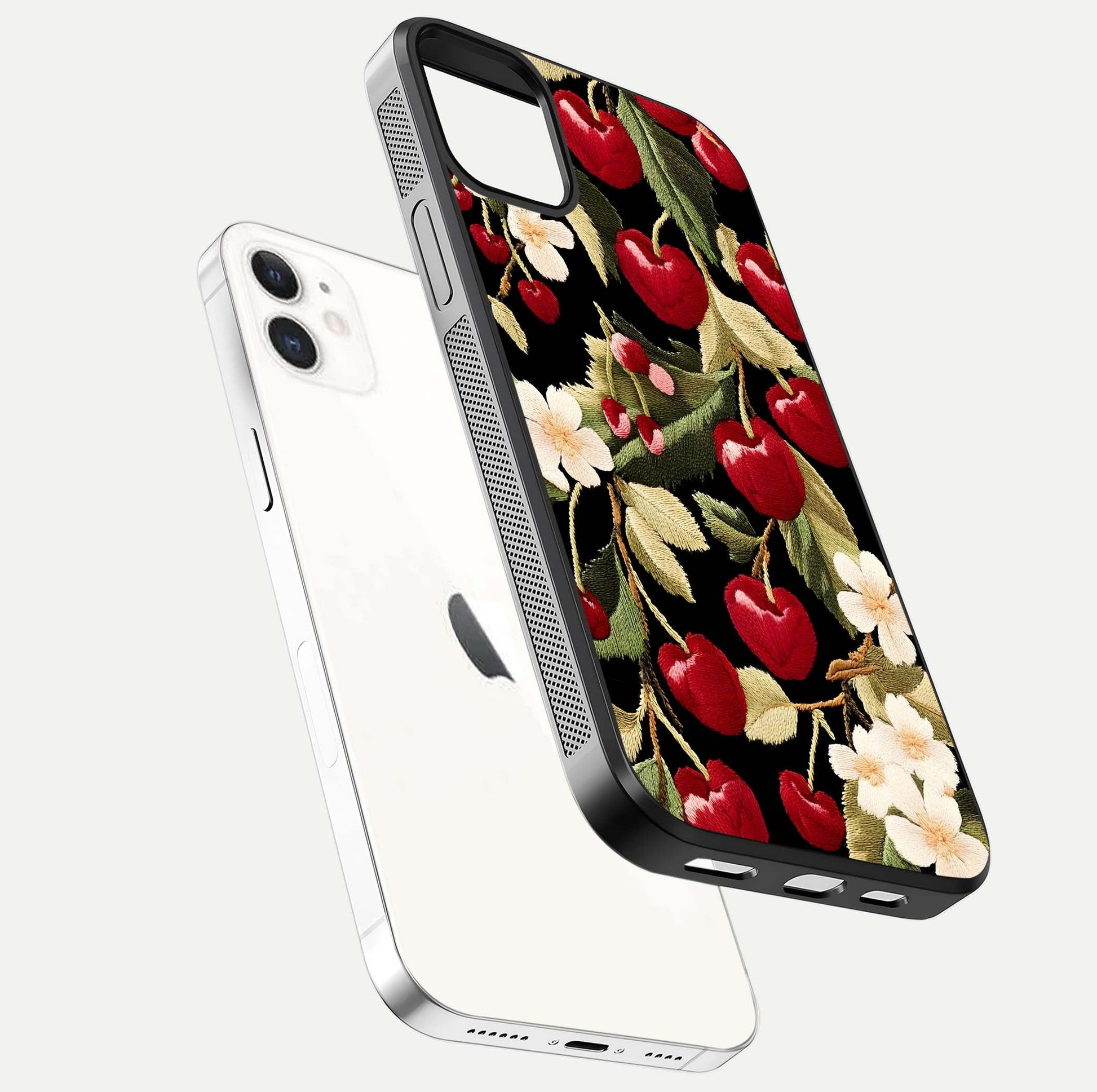 Bloom Thread Art Glass Case for iPhone 12 Mini floating mockup showing premium reflection and stitched art vibe