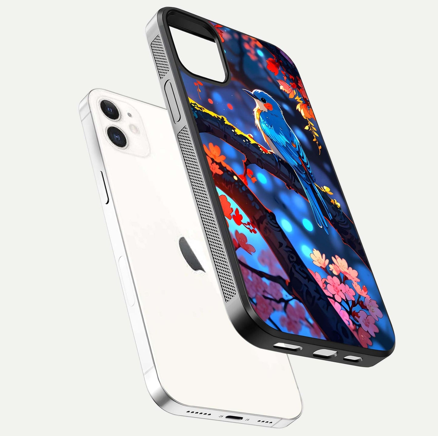 Blooming Spendor Bird Glass Case for iPhone 12 Mini floating dual-mockup capturing gloss tone and curved texture
