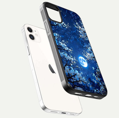 Blossom Moonlight Sky Glass Case for iPhone 12 Mini floating mockup showing glowing moon accent and HD gloss texture