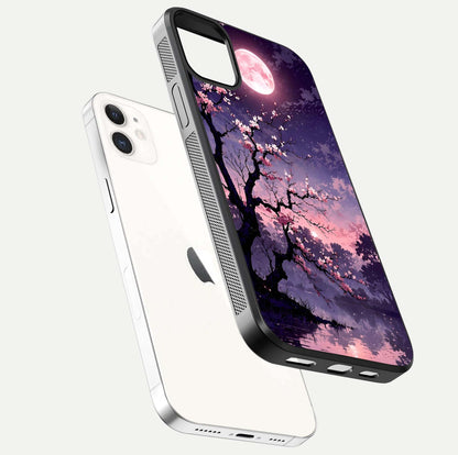 Blossom Pink Moon Glass Case for iPhone 12 Mini floating mockup emphasizing dreamy pink moon aura and smooth finish