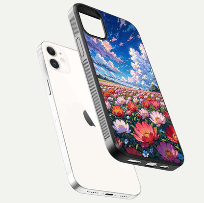 Blossom Sky Field Glass Case for iPhone 12 Mini floating mockup displaying sky bloom concept with smooth finish