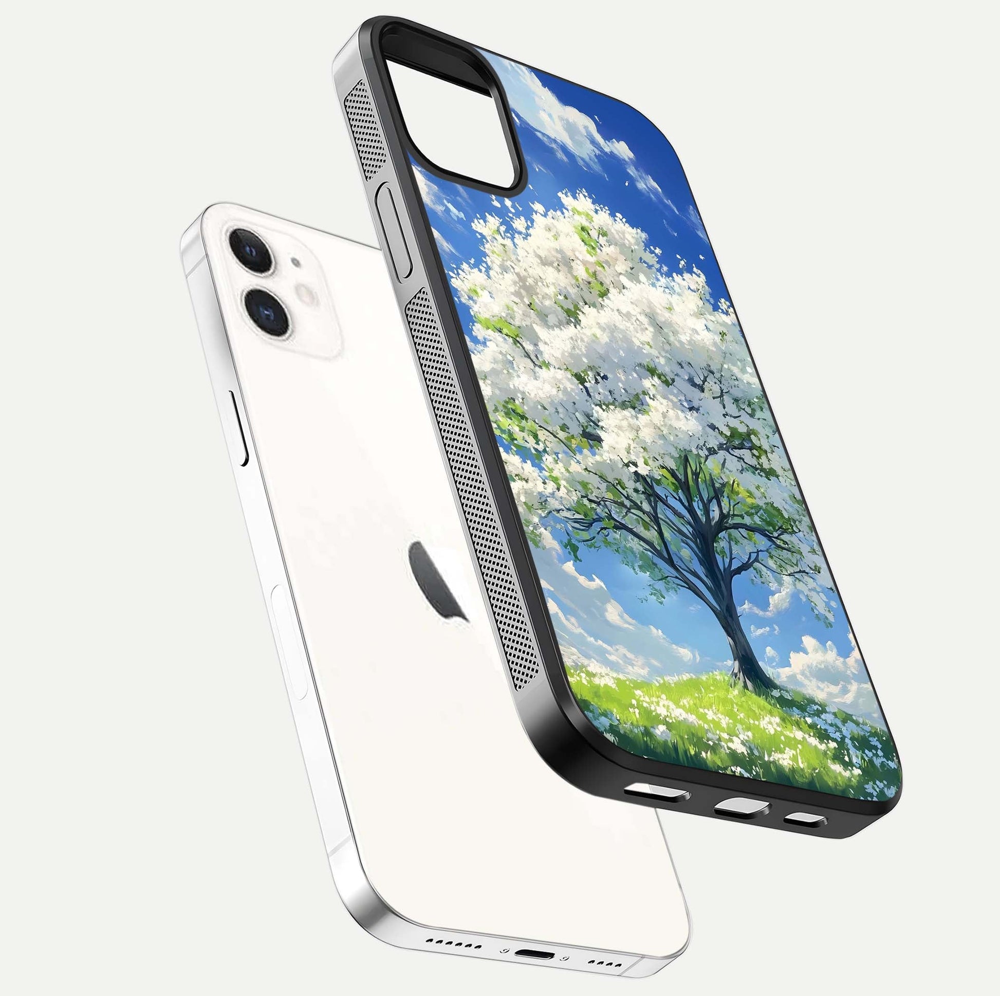 Blossom Sky Serenity Glass Case for iPhone 12 Mini floating mockup capturing gloss surface and tranquil design
