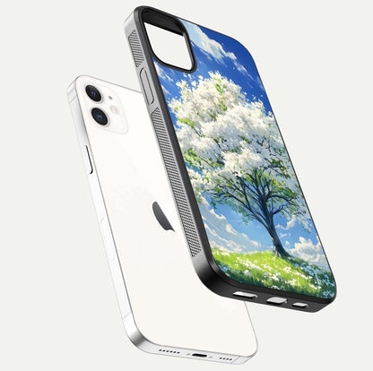Blossom Sky Serenity Glass Case for iPhone 12 Mini floating mockup capturing gloss surface and tranquil design