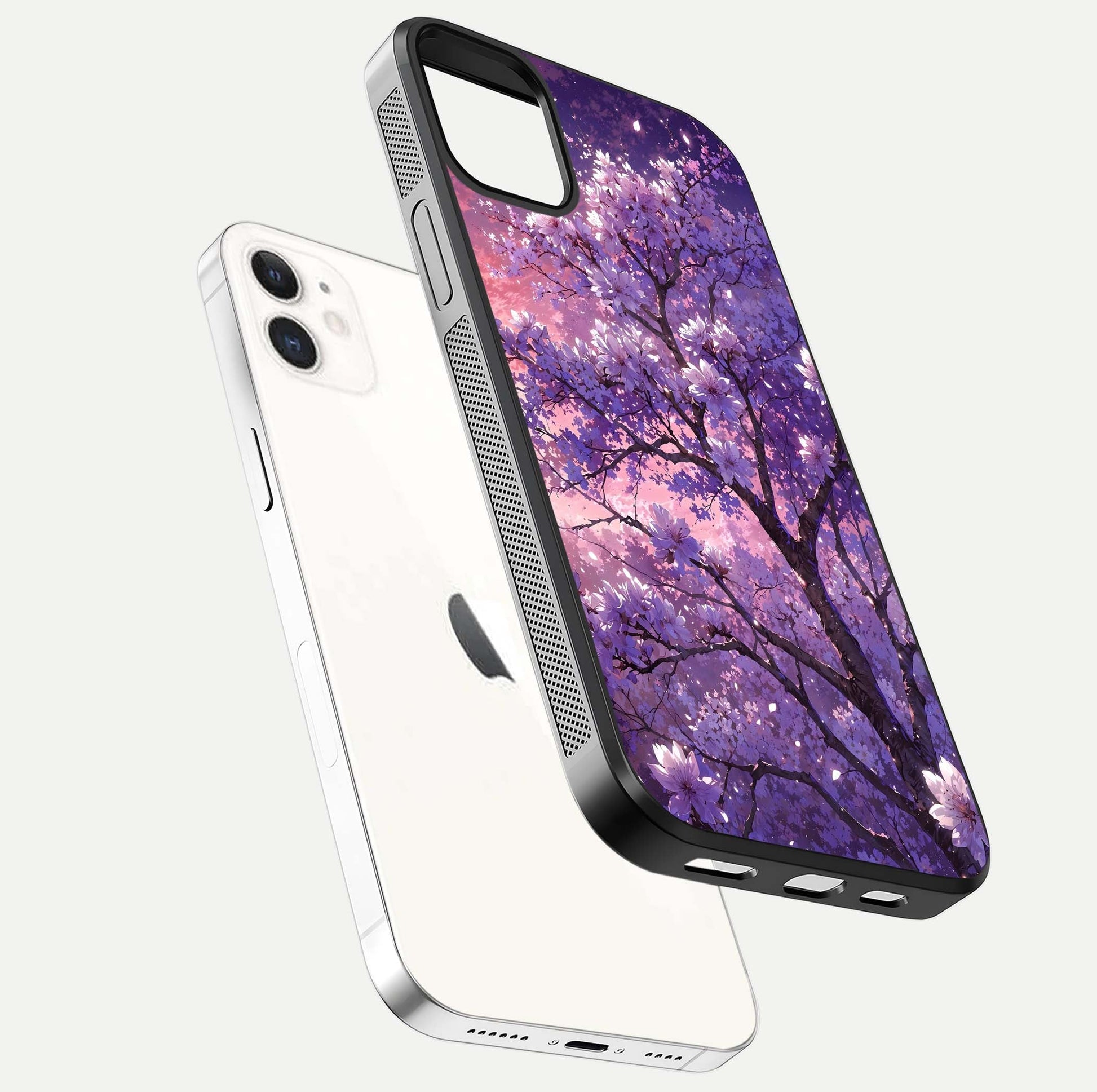 Blossom Tree Glass Case for iPhone 12 Mini floating dual-mockup displaying texture detail and curved edges
