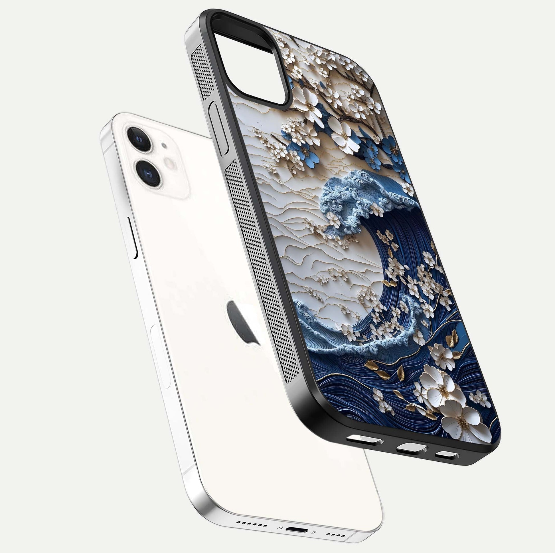 Blossom Wave Art Glass Case for iPhone 12 Mini floating mockup displaying pattern details and reflective shine