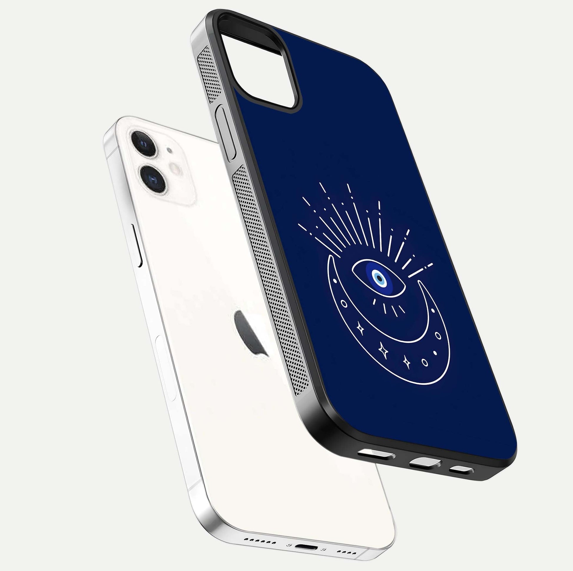Blue Evil Eye Glass Case for iPhone 12 Mini floating mockup displaying glossy protection and spiritual artwork