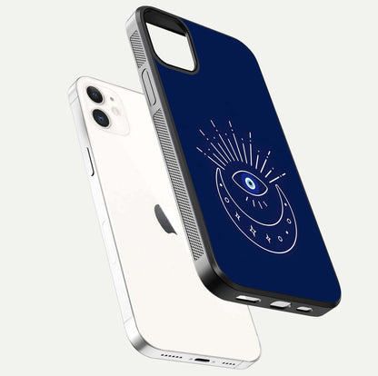 Blue Evil Eye Glass Case for iPhone 12 Mini floating mockup displaying glossy protection and spiritual artwork