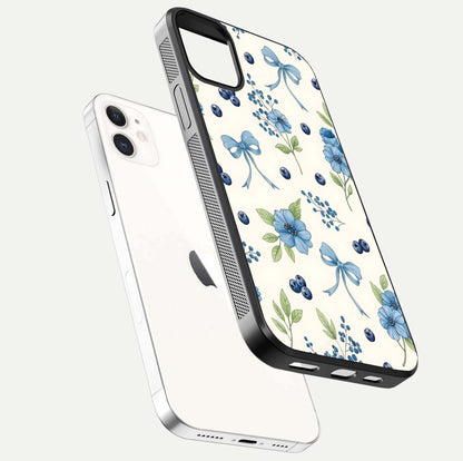 Blue Flower & Bow Glass Case for iPhone 12 Mini floating mockup capturing gloss reflection and girly aesthetic