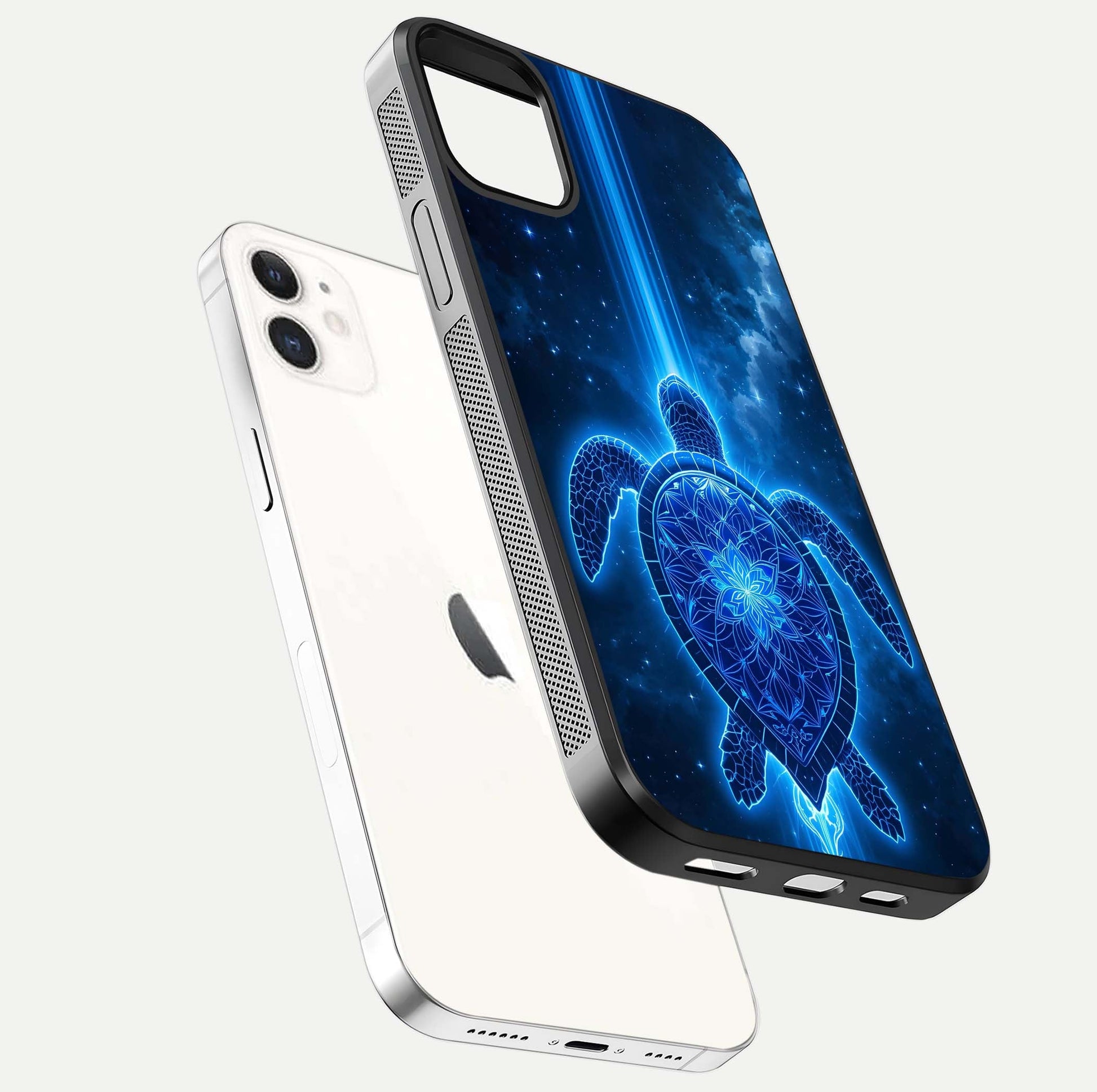 Blue Galaxy Turtle Glass Case for iPhone 12 Mini floating dual-mockup showing gloss depth and color transitions