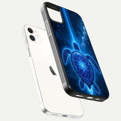 Blue Galaxy Turtle Glass Case for iPhone 12 Mini floating dual-mockup showing gloss depth and color transitions