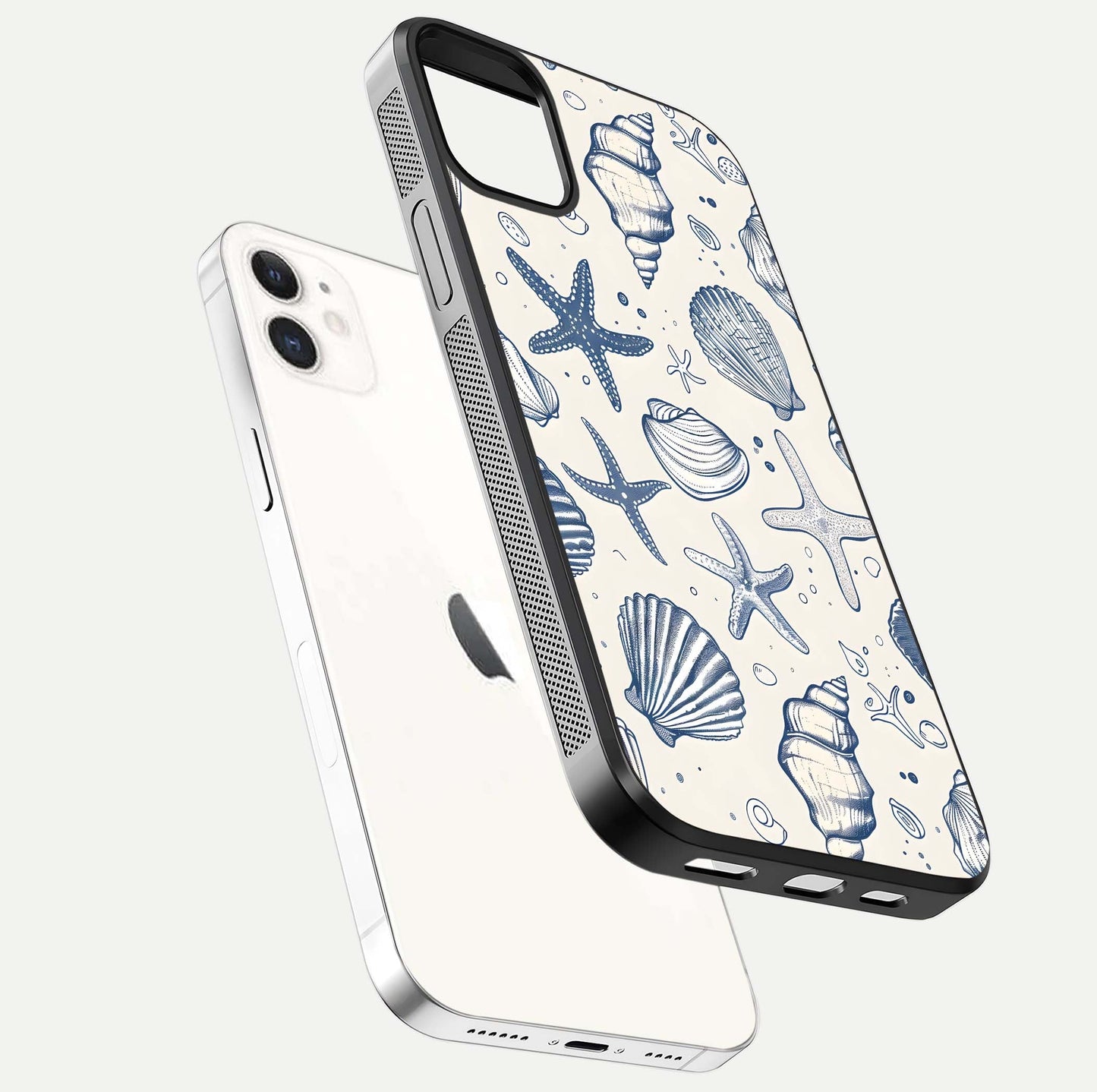 Blue Ocean Outline Glass Case for iPhone 12 Mini floating mockup displaying marine-inspired aesthetic and smooth surface