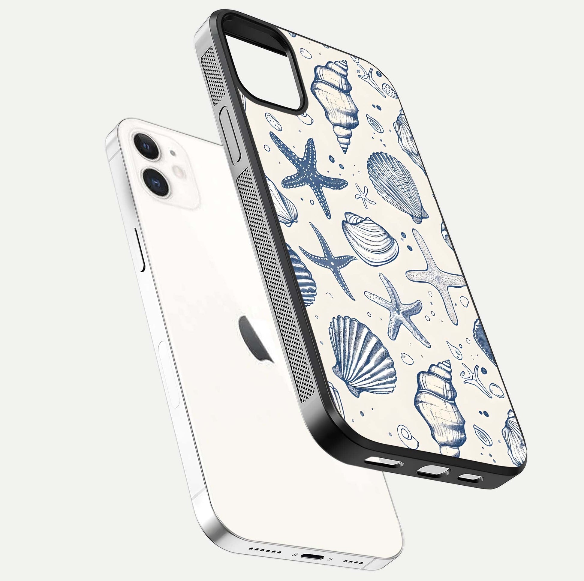 Blue Ocean Outline Glass Case for iPhone 12 Mini floating mockup displaying marine-inspired aesthetic and smooth surface